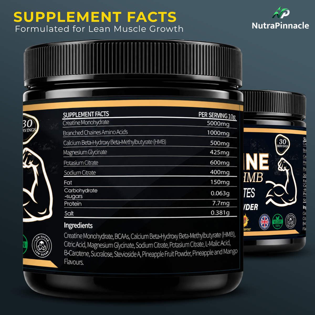 NutraPinnacle Creatine Blend (3-in-1) Formula: Creatine Monohydrate, BCAAs, HMB & Electrolytes (Potassium, Sodium, Magnesium) Lean Muscle, Recovery & Hydration -Sugar-Free, Vegan, 30 Servings, Adult
