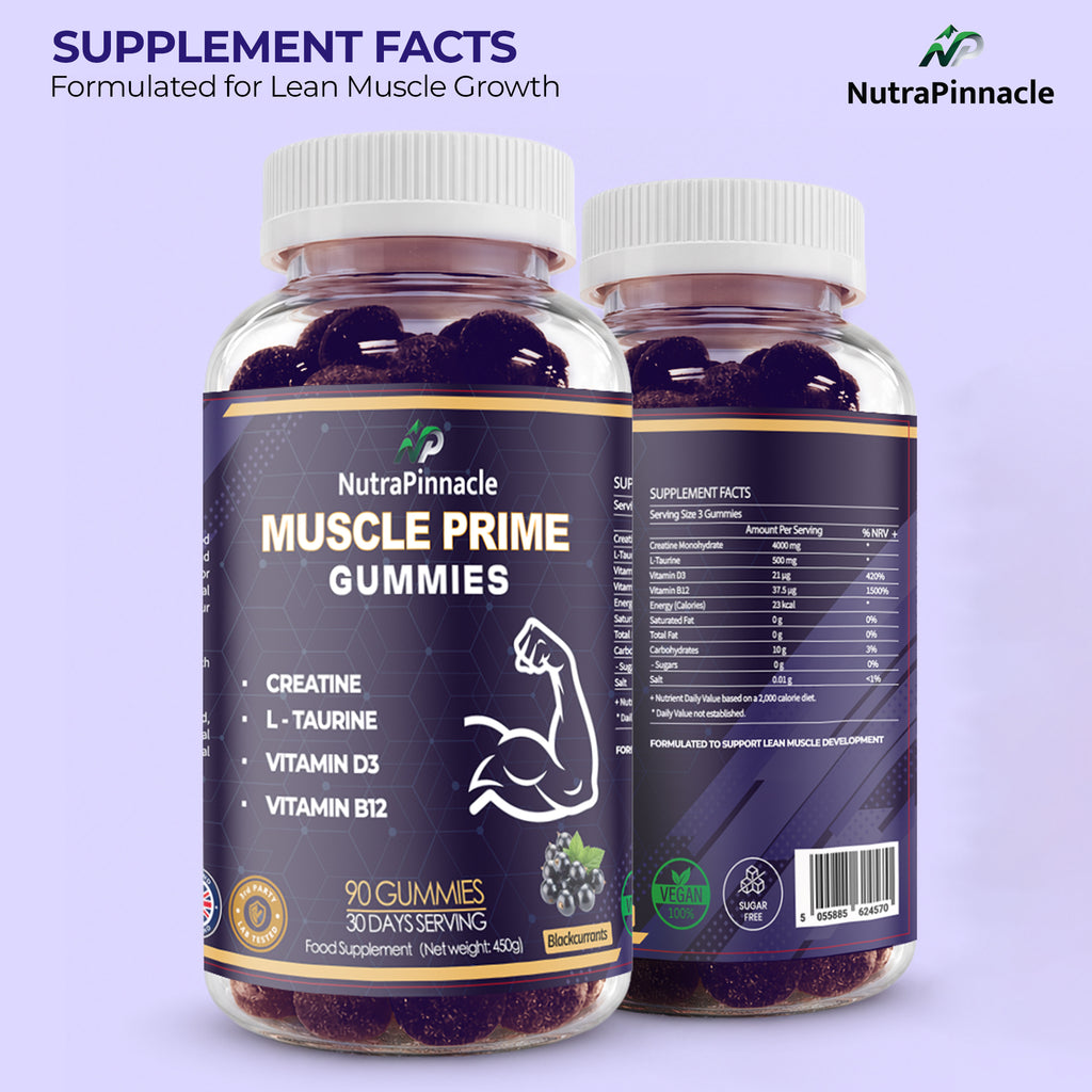Muscle Prime Creatine Gummies – Creatine Monohydrate, L-Taurine, Vitamin D3 & B12 – Lean Muscle Growth, Performance & Recovery Support – 90 Gummies, 30 Servings