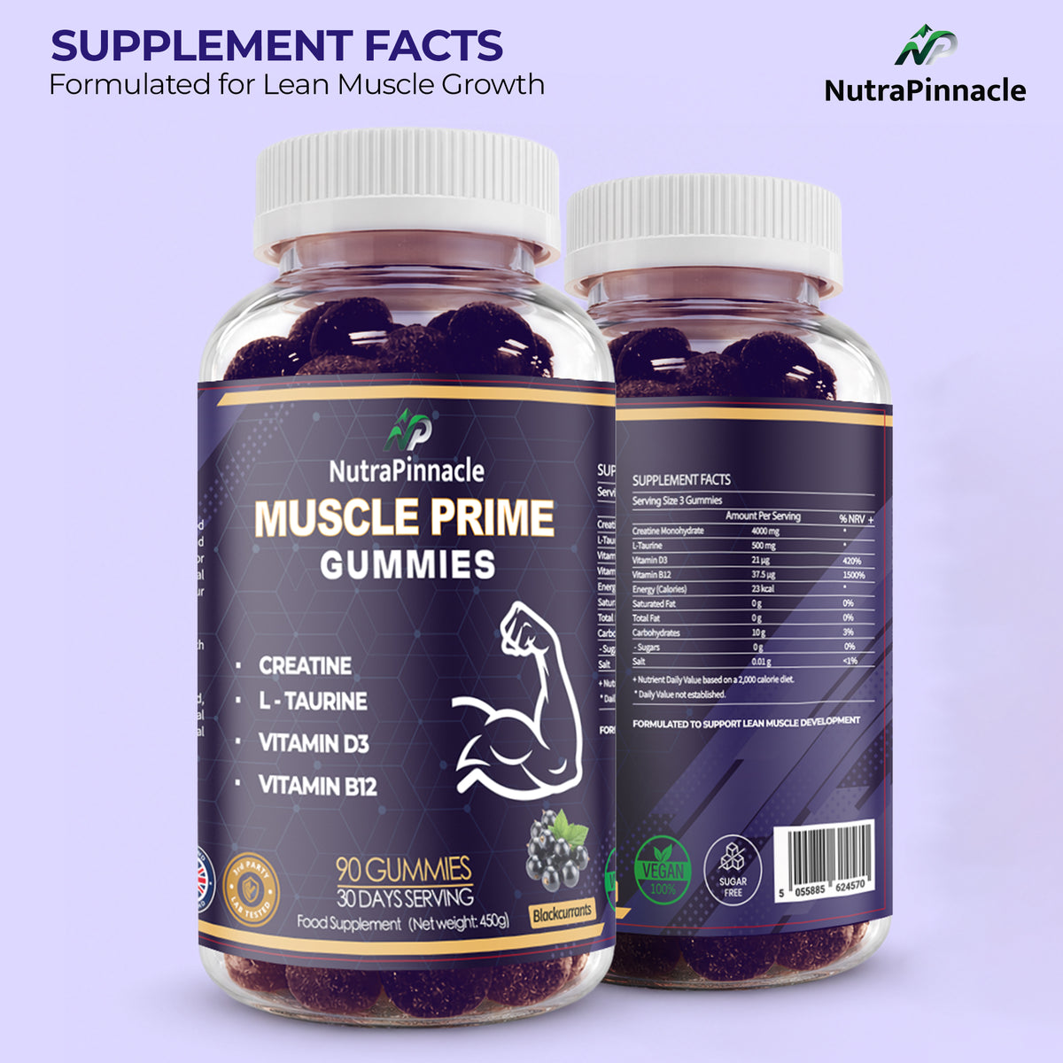 Muscle Prime Creatine Gummies – Creatine Monohydrate, L-Taurine, Vitamin D3 & B12 – Lean Muscle Growth, Performance & Recovery Support – 90 Gummies, 30 Servings