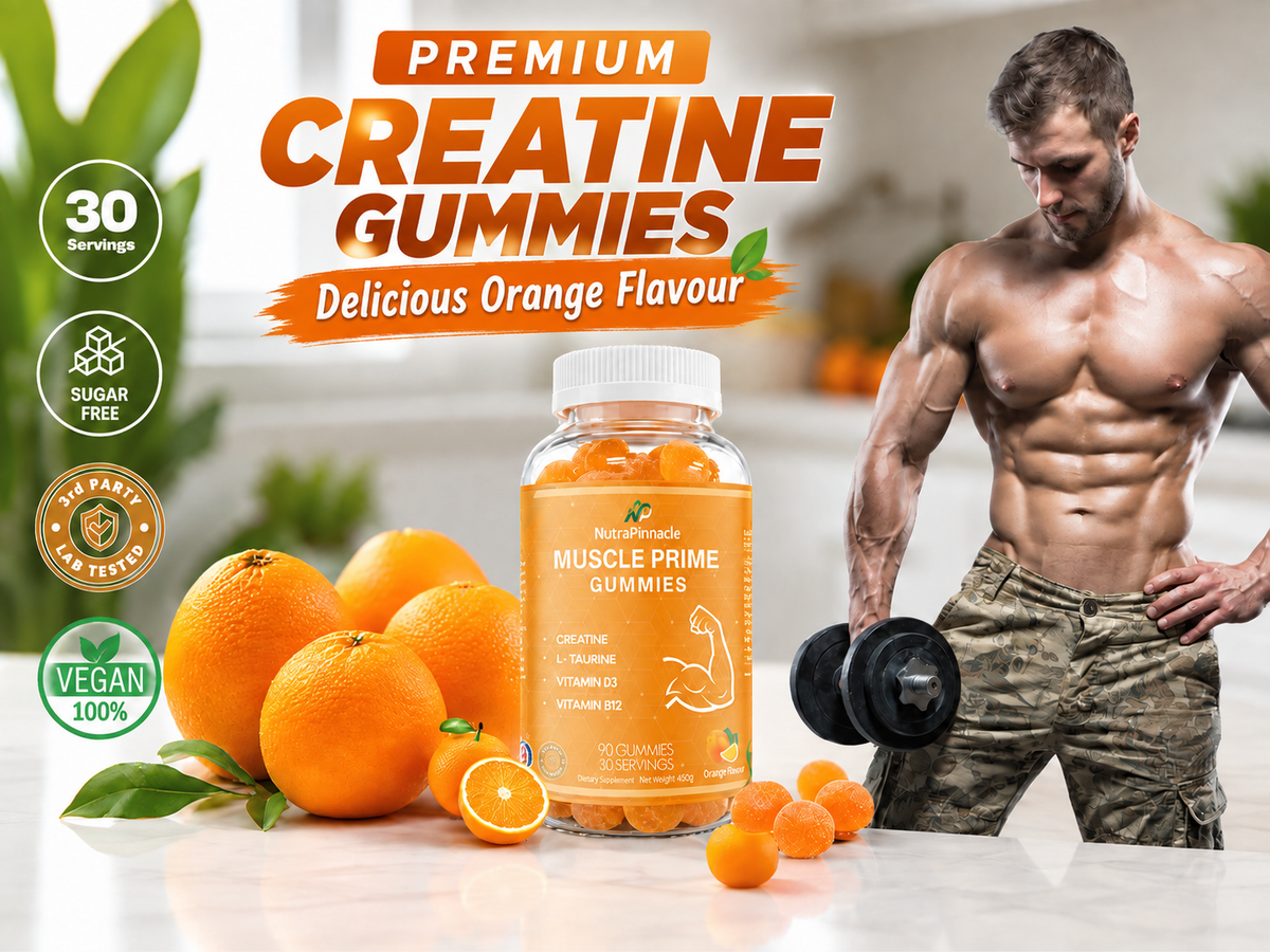 Muscle Prime Creatine Gummies – Creatine Monohydrate, L-Taurine, Vitamin D3 & B12 – Lean Muscle Growth, Performance & Recovery Support – 90 Gummies, 30 Servings-Orange Flavour