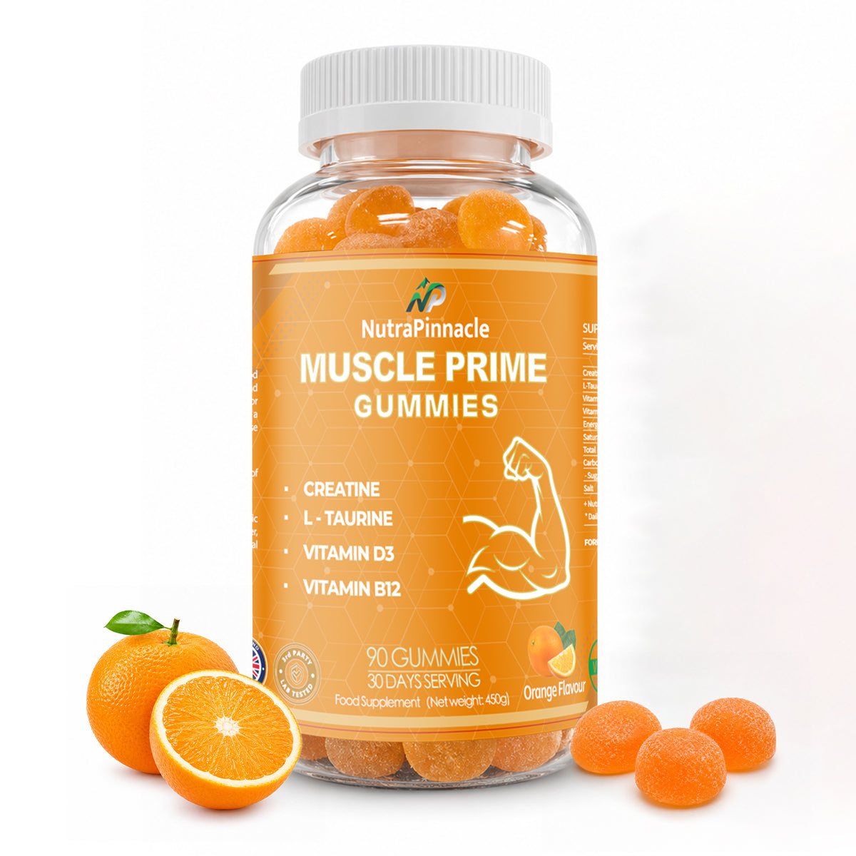 Muscle Prime Creatine Gummies – Creatine Monohydrate, L-Taurine, Vitamin D3 & B12 – Lean Muscle Growth, Performance & Recovery Support – 90 Gummies, 30 Servings-Orange Flavour