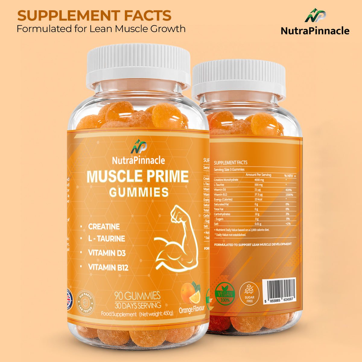 Muscle Prime Creatine Gummies – Creatine Monohydrate, L-Taurine, Vitamin D3 & B12 – Lean Muscle Growth, Performance & Recovery Support – 90 Gummies, 30 Servings-Orange Flavour