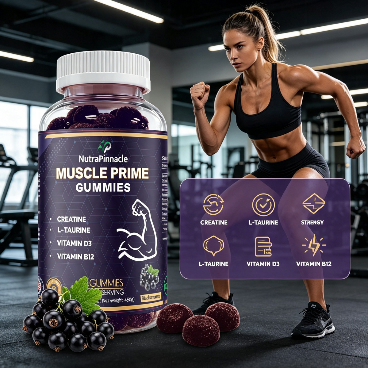 Muscle Prime Creatine Gummies – Creatine Monohydrate, L-Taurine, Vitamin D3 & B12 – Lean Muscle Growth, Performance & Recovery Support – 90 Gummies, 30 Servings
