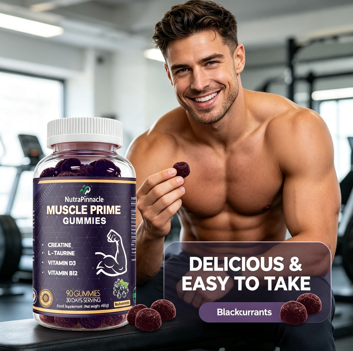 Muscle Prime Creatine Gummies – Creatine Monohydrate, L-Taurine, Vitamin D3 & B12 – Lean Muscle Growth, Performance & Recovery Support – 90 Gummies, 30 Servings