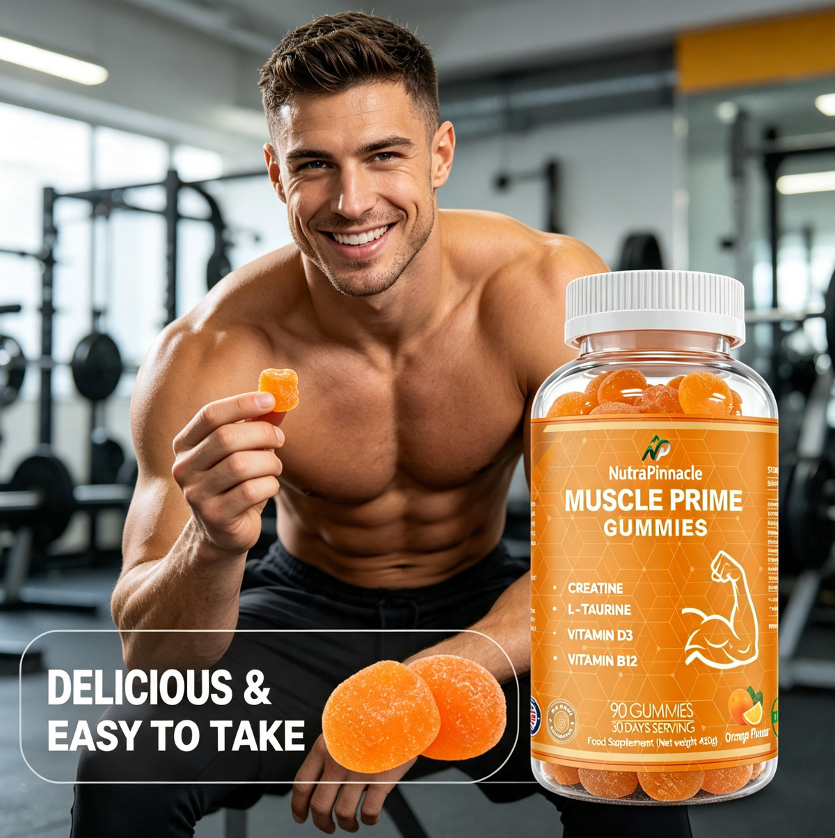 Muscle Prime Creatine Gummies – Creatine Monohydrate, L-Taurine, Vitamin D3 & B12 – Lean Muscle Growth, Performance & Recovery Support – 90 Gummies, 30 Servings-Orange Flavour