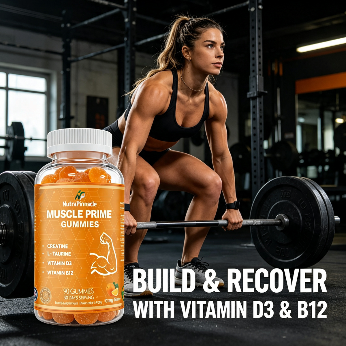 Muscle Prime Creatine Gummies – Creatine Monohydrate, L-Taurine, Vitamin D3 & B12 – Lean Muscle Growth, Performance & Recovery Support – 90 Gummies, 30 Servings-Orange Flavour