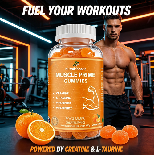 Muscle Prime Creatine Gummies – Creatine Monohydrate, L-Taurine, Vitamin D3 & B12 – Lean Muscle Growth, Performance & Recovery Support – 90 Gummies, 30 Servings-Orange Flavour