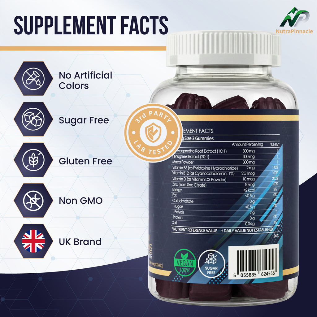 NutraPinnacle TST Prime Gummies -12,000mg Extract (7-in-1) Ashwagandha, Fenugreek, Maca, Zinc, D3, B6, B12 | Muscle Support, Vitality, Stamina & Endurance | Vegan Blackberry | 90 Gummies,30 Day Supply