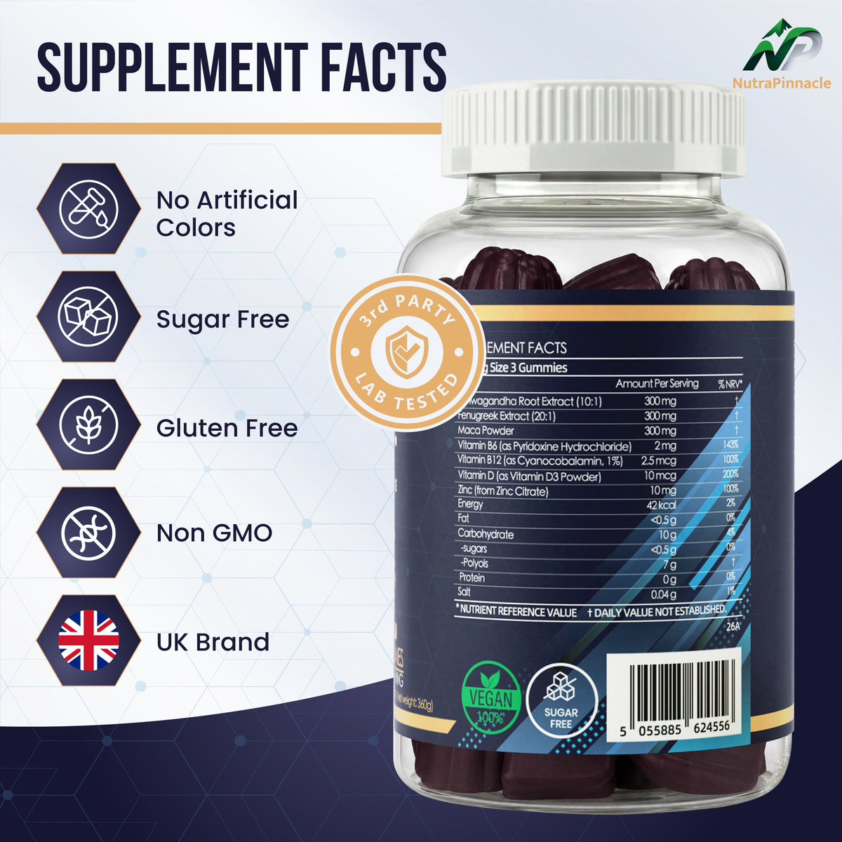NutraPinnacle TST Prime Gummies -12,000mg Extract (7-in-1) Ashwagandha, Fenugreek, Maca, Zinc, D3, B6, B12 | Muscle Support, Vitality, Stamina & Endurance | Vegan Blackberry | 90 Gummies,30 Day Supply