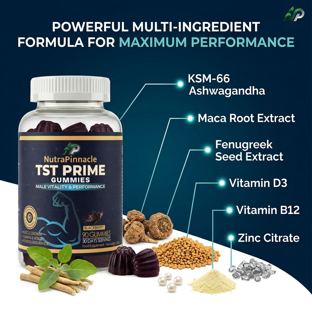 NutraPinnacle TST Prime Gummies -12,000mg Extract (7-in-1) Ashwagandha, Fenugreek, Maca, Zinc, D3, B6, B12 | Muscle Support, Vitality, Stamina & Endurance | Vegan Blackberry | 90 Gummies,30 Day Supply