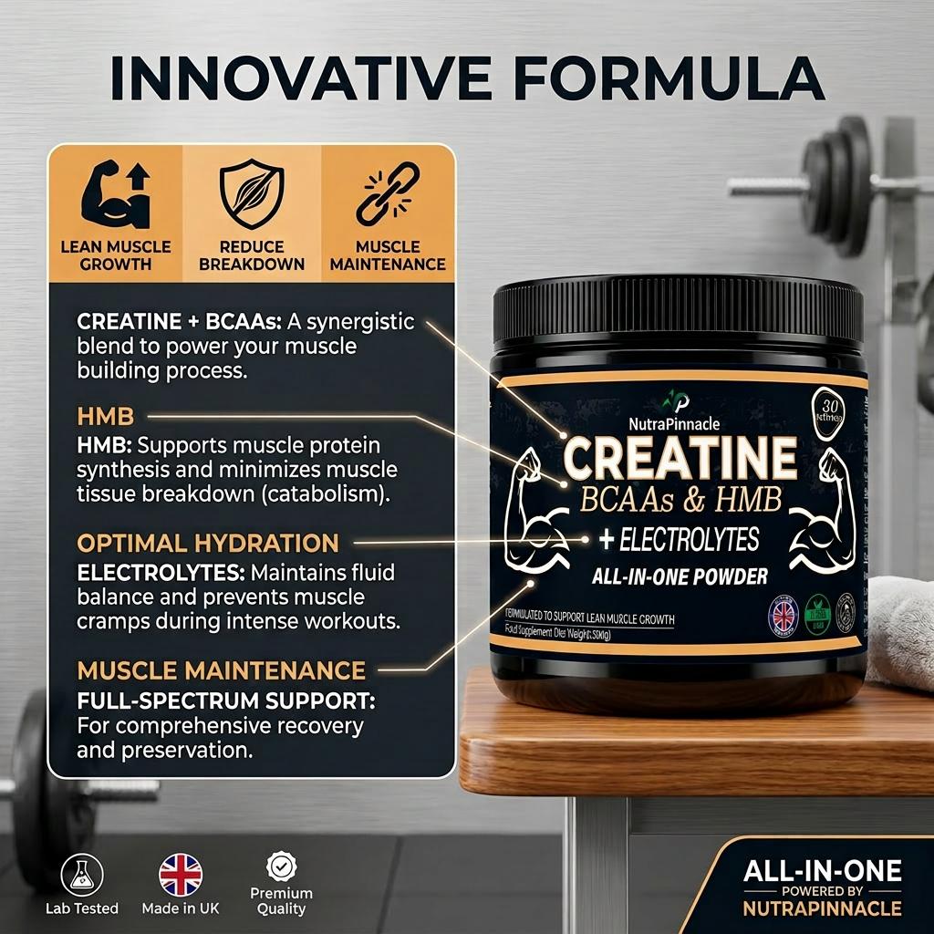 NutraPinnacle Creatine Blend (3-in-1) Formula: Creatine Monohydrate, BCAAs, HMB & Electrolytes (Potassium, Sodium, Magnesium) Lean Muscle, Recovery & Hydration -Sugar-Free, Vegan, 30 Servings, Adult